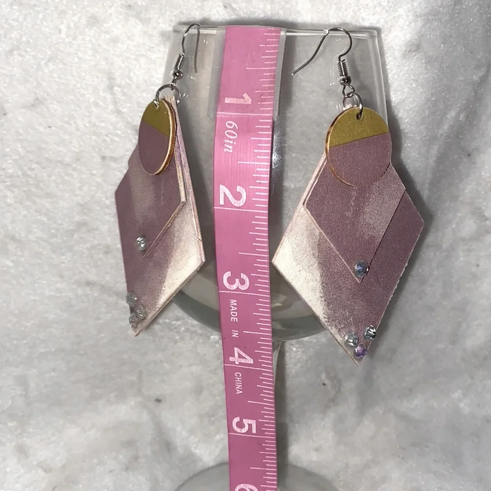 Handcrafted Lavender Triangle Wood Dangle Earrings Boho Hippie Rhinestone 3" Dro - Picture 7 of 7